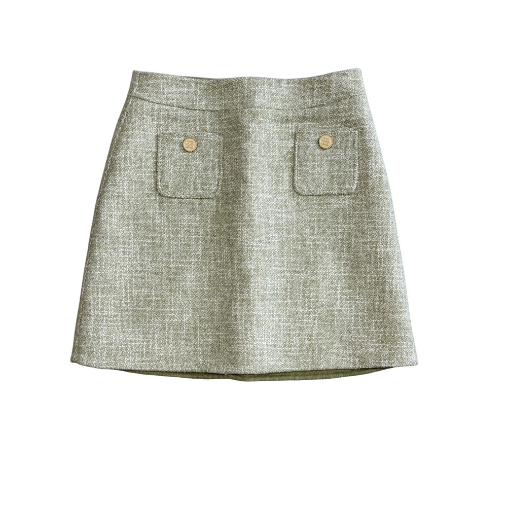 Sandro Paris Green Tweed Mini Skirt Gold Button A-Line SFPJU00556 Size 2 M